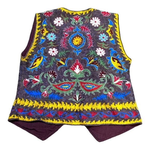 Vtg 60s Uzbek Textile Embroidered Vest S M Black Tulip Boho Kitsch Y2K Handmade - Picture 6 of 6
